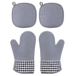 Silikonugnmitts och potthållare sätter med quilted liner värmebeständigt kök mitt vattentäta flexibla isoleringshandskar för bakning grillning