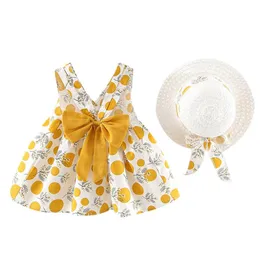 Dziewczyny Dresses Toddler Dress Children Dress Princess Sling Polka Bez Rękawów Pasek Dot Print Bow Hat Sundress L102
