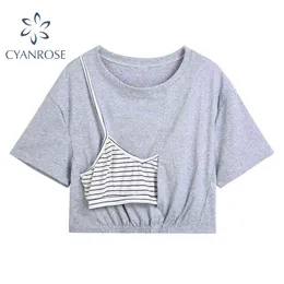 Women's Short Sleeve Grey Crop T Shirt Summer Streetwear Irregular Spliced Ins Club Tees Mujer Crewneck Chic Korean Tops 210417