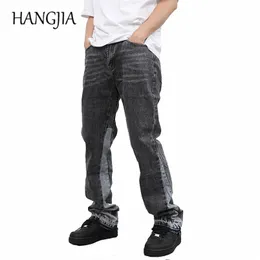 Vintage Patchwork Flare Jeans Urban Mężczyźni Streetwear Szeroki Noga Denim Pant Hip Hop Black Colorblock Slim Fit Denym Dżinsy dla mężczyzn 211104