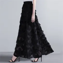 Jesień Długa Spódnica Kobiety Wiosna Pióro Tassel Maxi S Kobieta Elegancka Party Runway Jupe Faldas Largas Mujer 210421