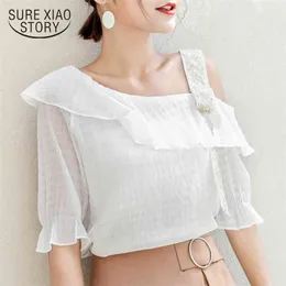 fashion sexy solid women tops short sleeved blouse slash neck summer sweet lady chiffon shirt 0509 40 210506
