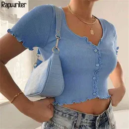 Rapwriter Vintage Ruffles Tshirt Женщины Летние Топы Harajuku Короткие Рукав Урожай Топ Повседневная Одно кнопки Тонкий Хлопок Тройник Рубашки 210406