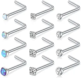 12pcs 18G 316L Surgical Steel 1.5mm 2mm 2.5mm 3mm Jeweled Opal & Clear CZ Nose L-Shaped Rings Studs Ring Body Piercing Jewelry