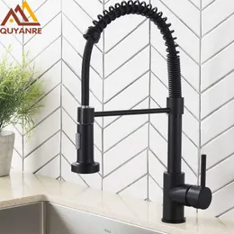 Quyanre Matte Black Kitchen Sink Coucetプルダウンキッチン蛇口シングルハンドルミキサータップ360回転Torneira Cozinhaミキサータップ210724