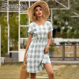 Surmiitro sexy manga curta mulheres vestido verão verde xadrez preto túnica túnica festa de praia sol mini vestido feminino 210712