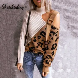 Fitshinling um ombro suéter vintage roupas vestuário leopardo retalhos fino moda jumper outono de malha pullover sale 211011