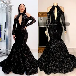 2022 Black Tiered Skirts Prom Dresses African High Neck 3D Lace Flowers Sequined Evening Gowns Plus Size Reflective Dress
