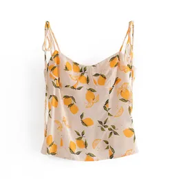 Evfer Women Summer Orange Print Short Camis Laides French Style Vintage Elastic Waist Small Tops Sweet Girl Chiffon Sling 210421