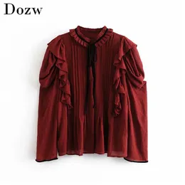 Moda Mulheres Bow Collar Sólida Blusa Pufão Manga Longa Doce Camisa Feminina Ruffles Plissado Streetwear Túnica Chemisier Femme 210414