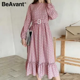 Beavant A-Line Różowy Sashes Długa sukienka Kobiety Potargane Polka Dot Elegancka Sukienka Office Lady Vintage Jesień Kobiet Party Vestido 210709