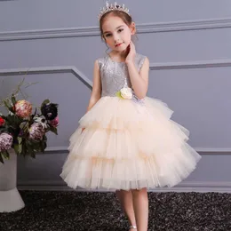 Girls Sequins Party Dress with Bowknot Teens Formal Evening Tutu Elegant 10-12yrs Champagne for Kids 210529