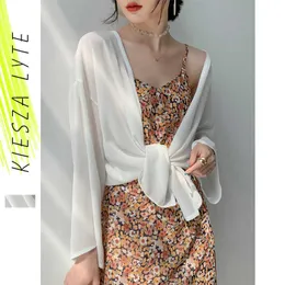 Fashion Solid Chiffon Blouse Top Long Sleeve Open Front sun-proof Short Shawl Lace Outer Jacket Female 210608