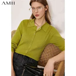 Amii Minimalism Spring Causal Polo Women's Sweater Solid Lapel Slim Fit Single Breasted Female Cardigan Tops 12130108 210922