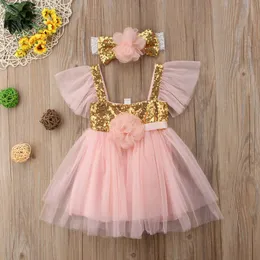 2021 Lato Cute Sweet Kids Toddler Baby Girls Lace Tulle Dress Floral Party Princess Dresses + Headband Q0716