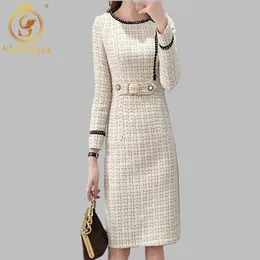 Tweed Dress Women Spring Long Sleeve Vintage Plaid Female Elegant Woolen Ladies Office Vestidos 210520