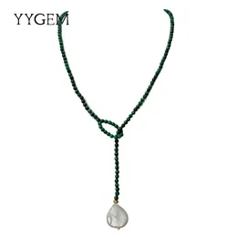 YYGEM 25 '' Natural Cultivado Branco Keshi Pérola Verde Malaquite Lariat Sweater Chain Colar Para As Mulheres