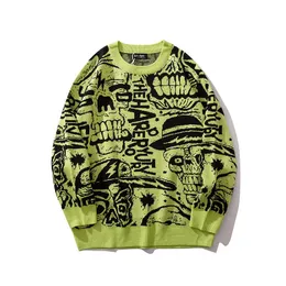 Męskie swetry Mężczyźni Hip Hop Dzianiny Sweter Streetwear Ludzki Szkielet List Druku Pullover 2021 Jesień Harajuku Cotton Casual Green