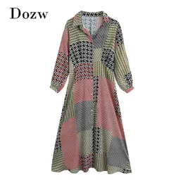 Mulheres Chic Patchwork Impresso Camisa Vestido Vintage Três Quarter Sleeve Split es para baixo Colar Escritório MIDI 210515