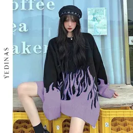 Yedinas Koreański Styl Luźny sweter z dzianiny Płomień O-Neck Batwing Sleeve Casual Pullover Hip Hop Streetwear Moda Oversize Topy 210527