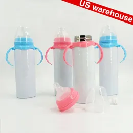 US warehouse! 8oz sublimation tumblers blank sippy cup water milk bottle kid mug handle pink blue stainless steel children bottles for kids toddler 1-5 fast delivery
