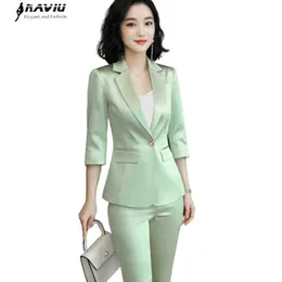 Naviu Pink Pants Suits Women High-End Business Temperament Half Sleeve Fruit Green Jacket and Trousers Work Wear 210927