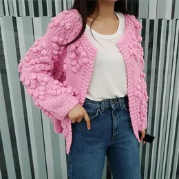 Women's Sweaters FXFURS Hairball Knitted Cardigan Casual O Neck Long Sleeve Pink Jumper 2021 Autumn Winter Women Sweater