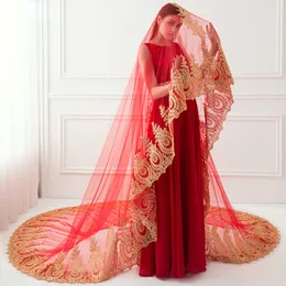 3m / 4m / 5m lång rött bröllopslöja med guldblommig applique högkvalitativa brudslöjor