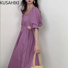 Koreansk Drawstring Hollow-out Slank Waist Woman Dress Puff Sleeve Square Collar Causal Elegant Vestido 6H740 210603