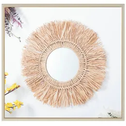 Specchi Seagrass Specchio intrecciato Vintage Round Wall Hanging Art Decor per la casa Camera da letto Bagno Soggiorno Decorazione Abito da trucco