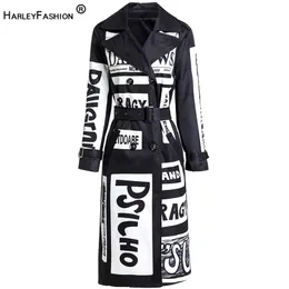 Harleyfashion Jesień Zima Kobiety Long Coat Letters Drukowanie High Street Stylowe Graffiti Casual Quality Windbreaker Trench 210820