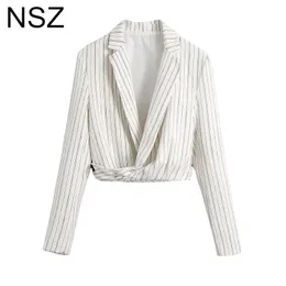 Kvinnors kostymer Blazers NSZ Women White Striped Cropped Blazer 2021 Elegant Chic Short Jacket Ladies Coat Ytterkläder