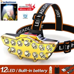 Headlamps Powerful Headlamp USB Rechargeable Head Lamp 12 LED Headlight Waterproof Torch Lantern With Built In Battery