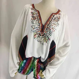 Jastie Retro Indie Folk Women Blouse Shirt Boho Embroidery Beaded Sequin V-neck Blouses Blusa mujer de moda Fall Top Shirts 210419