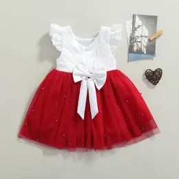 Dresses Girl 0-6y Dzieci Dziewczyny Party Princess Dress Rękaw Koronki Kwiatowe Perły Tulle Tutu z Bowknot Dzieci Ubrania Baby