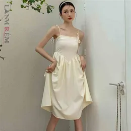 Women Apricot Dress Elegant Drawstring High Waist A-line Patchwork Temperament Loose Fit Fashion Summer 2H270 210526