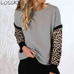 LOSSKY Gray Leopard Patchwork Pullover Autumn Hoodies Women Casual Loose Round Neck Long Sleeve Fall Sweatshirt Mujer Hoody 210507