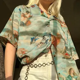 Vintage estetyczny amorek anioł drukuj damska bluzka koszula kardigan z krótkim rękawem letni Top graficzna bluzka damska odzież nowość 210426