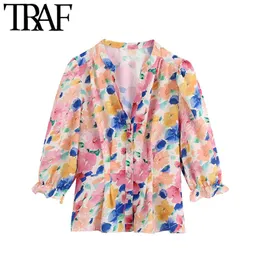 TRAF Kadınlar Moda ile Jewel Düğmeleri Çiçek Baskı Bluzlar Vintage V Boyun Üç Çeyrek Kol Kadın Gömlek Chic Tops 210415