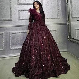Burgundy Formal Party Night Evening Dresses Luxury Women Bling Sequined Robe De Soiree Long Sleeves Vintage Prom Dress