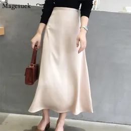 Moda elegante mulheres saia outono magro liso brilhante vintage s s sólido cintura alta s para 9645 210512