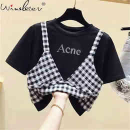 Fashion Women Plaid Patchwork T Shirt Chic Checked Tops Short Sleeve Female Casual Print Loose Cotton Tshirt Blusas T07406B 210421