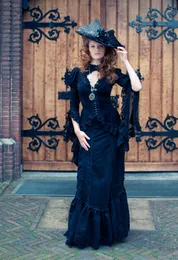 Vintage Victorian Black Mermaid Bröllopsklänningar Långärmad V-Neck Gothic Bröllopsklänning Ruffles Golvlängd Retro Bride Dress Vestidos de Novia 2022