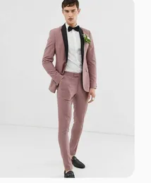 ほこりっぽいピンクの黒いショールラペルの男性スーツプロムのTerno Masculino新郎衣装Homme Blazerの結婚式2個（ジャケット+ショートパンツ）x0909