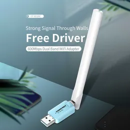 Adattatore WiFi Drivefree 600M 2.4 + 5.8GHz Interfaccia USB 2.0 Antenna Dual Band Network Card Dongle Installazione automatica