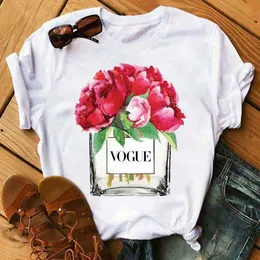 Roupas femininas imprimir flor perfume garrafa doce manga curta camiseta impressa camisa feminina camiseta topo casual mulher t x0527 2024