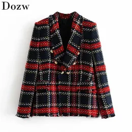 Vintage Frauen Rot Plaid Tweed Blazer Mantel Elegante Zweireiher Quaste Anzug Jacke Winter Langarm Büro Oberbekleidung Blazer 210414