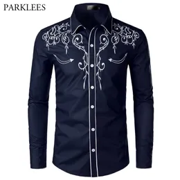 海軍の花の刺繍のシャツの男性春の長袖メンズドレスシャツカジュアルなボタンダウンケミーズHomme Camisa Masculina 2XL 210524