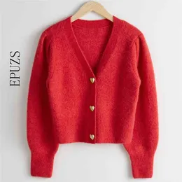 Красные кардиганы свитер женщины вязаные женские повседневные V-образным вырезом S тянуть Femme корейская зимняя одежда 210521