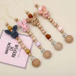 Baby Pacifier Clips Beech Pacifiers Soother Cartoon Rabbit Woodiness Holder Beaded Clip Chain Nipple Teether Dummy Strap Chains Infant Showe